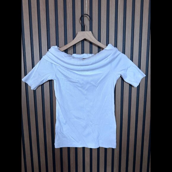 Zara Top Medium Womens White Off Shoulder Cowl Neck Chunky Knit Ribbed - Picture 2 of 7